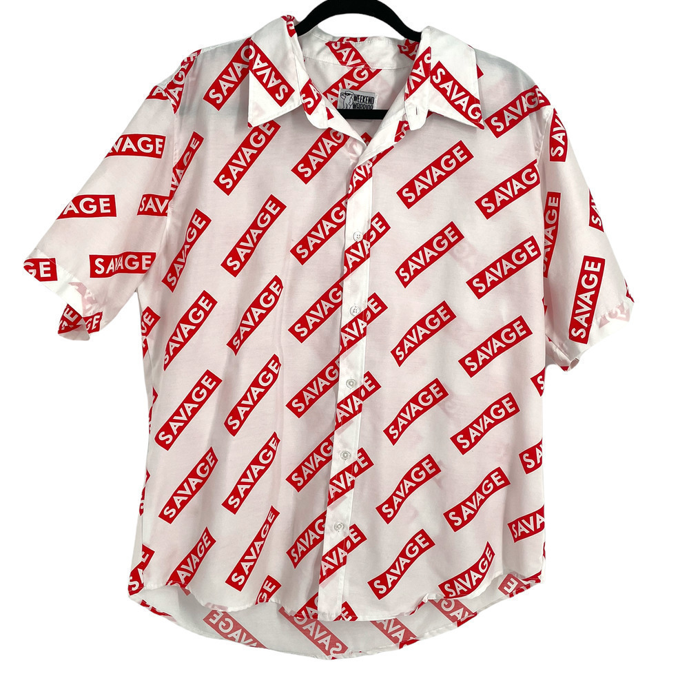 WEEKEND WARRIOR SAVAGE PRINT BUTTON UP SHORT SLEEVE SHIRT